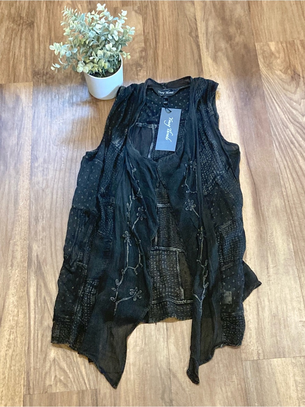NWT Young Threads Grey Embroidered Boho Sleeveless Layering Vest